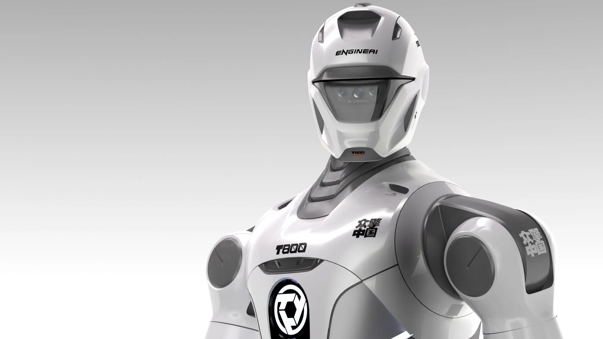 Busto do EngineAI T800, com capacete branco, visor escuro e a inscrição T800 no peito