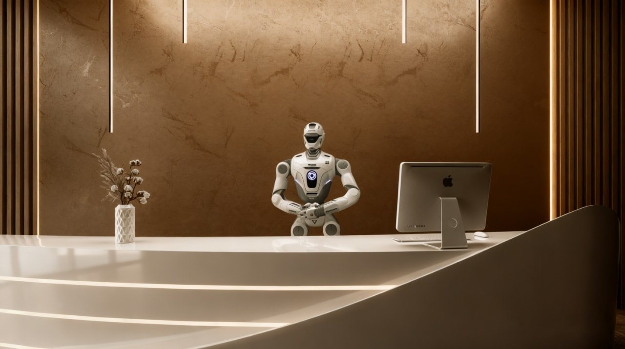 EngineAI T800 atrás do balcão de uma recepção